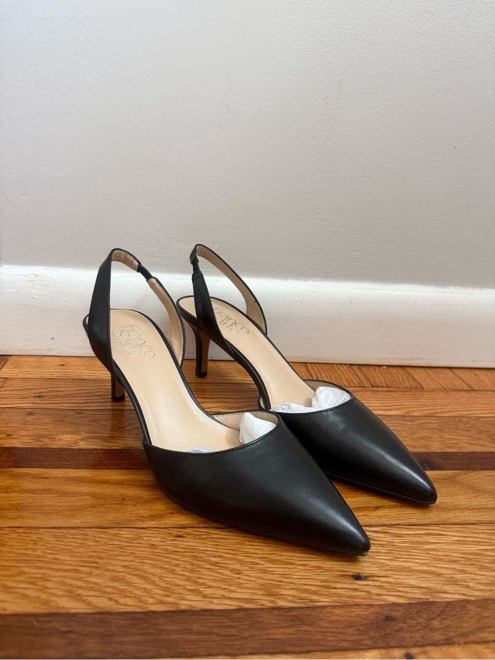 Franco Sarto Black Pointed-Toe Slingback Heels